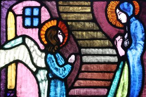 Saint Paul Church, Stained Glass Window by A Poncet, The Annunciation to the Blessed Virgin Mary by the Angel Gabriel, Geneva, Switzerland